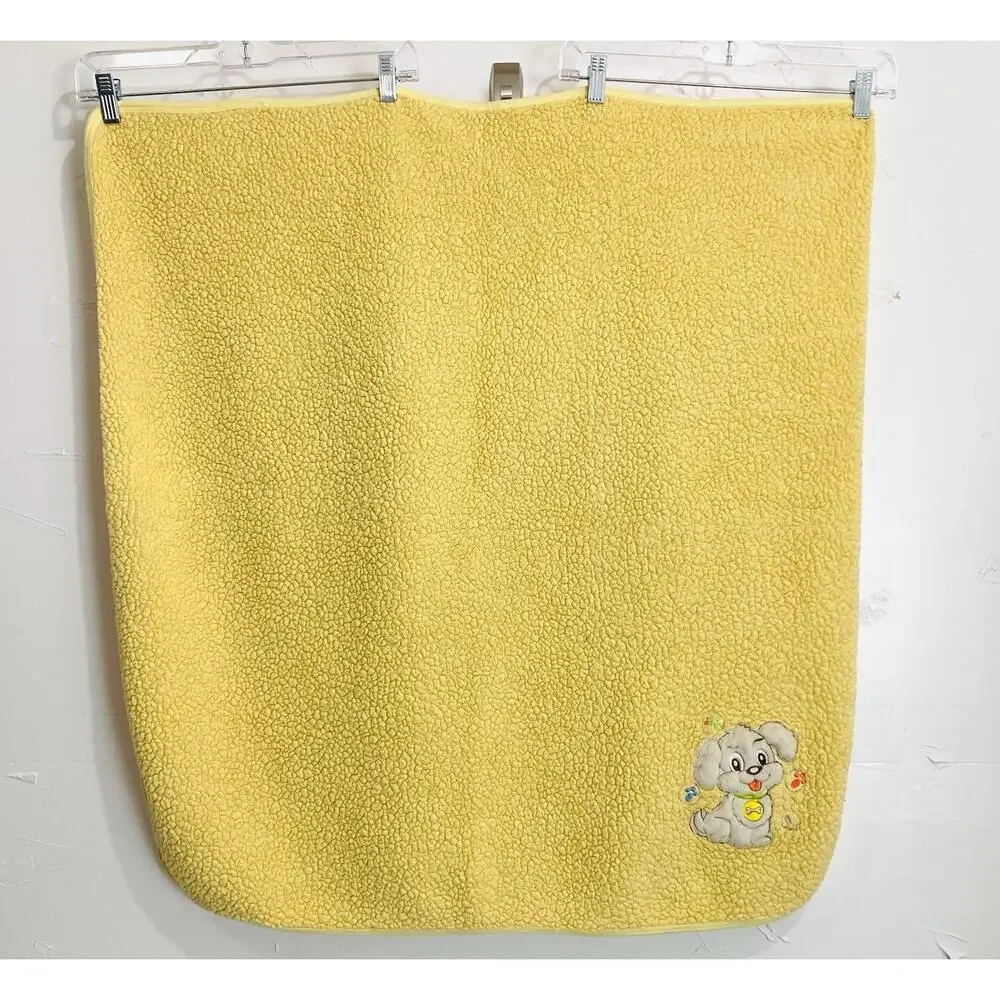 Vintage Yellow Baby Blanket Dog Sherpa Lovey Bones Tan Blonde Green Collar Tongu